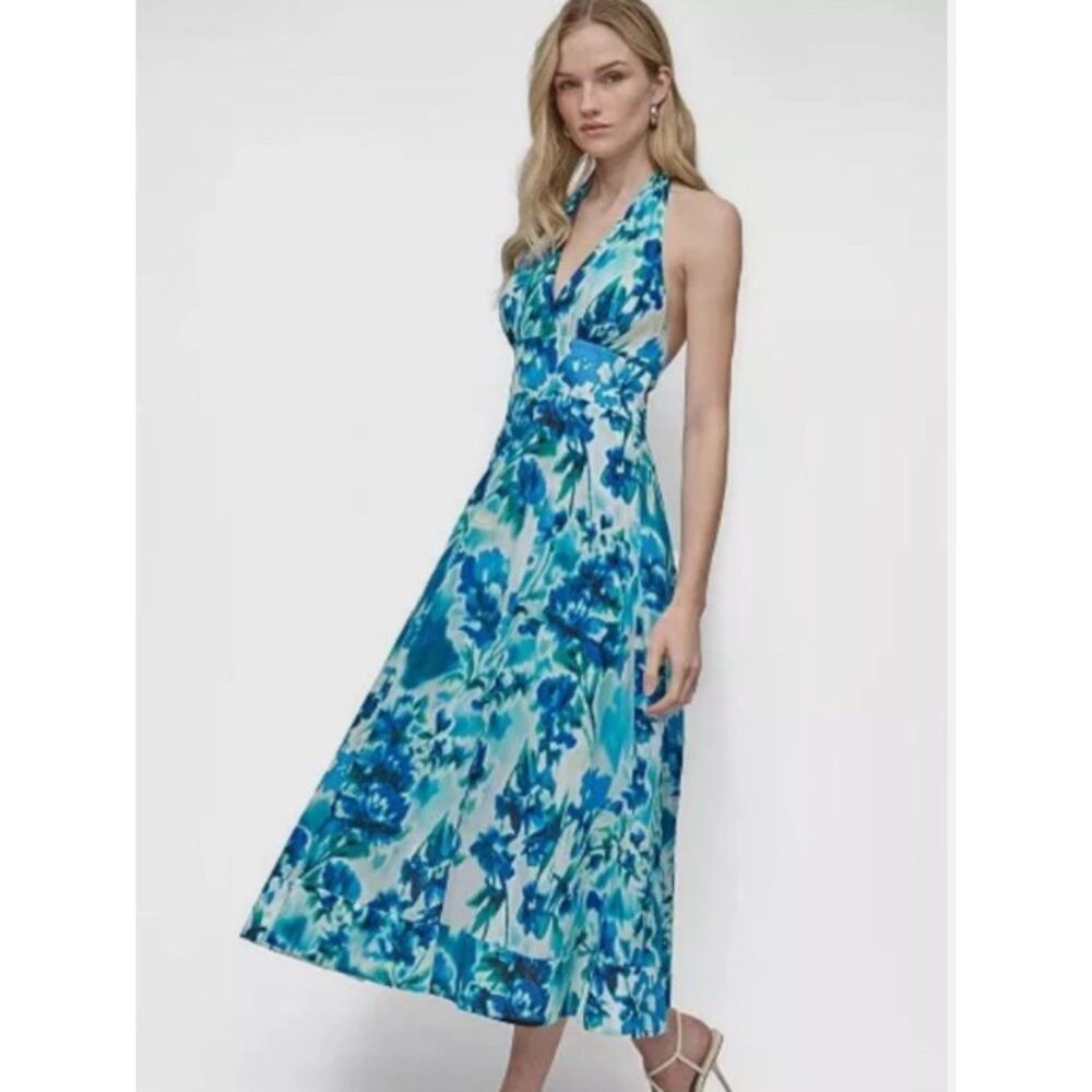 DKNY Blue Floral Halter Midi Dress Size 14 Open Back Cotton  Summer Gorgeous!